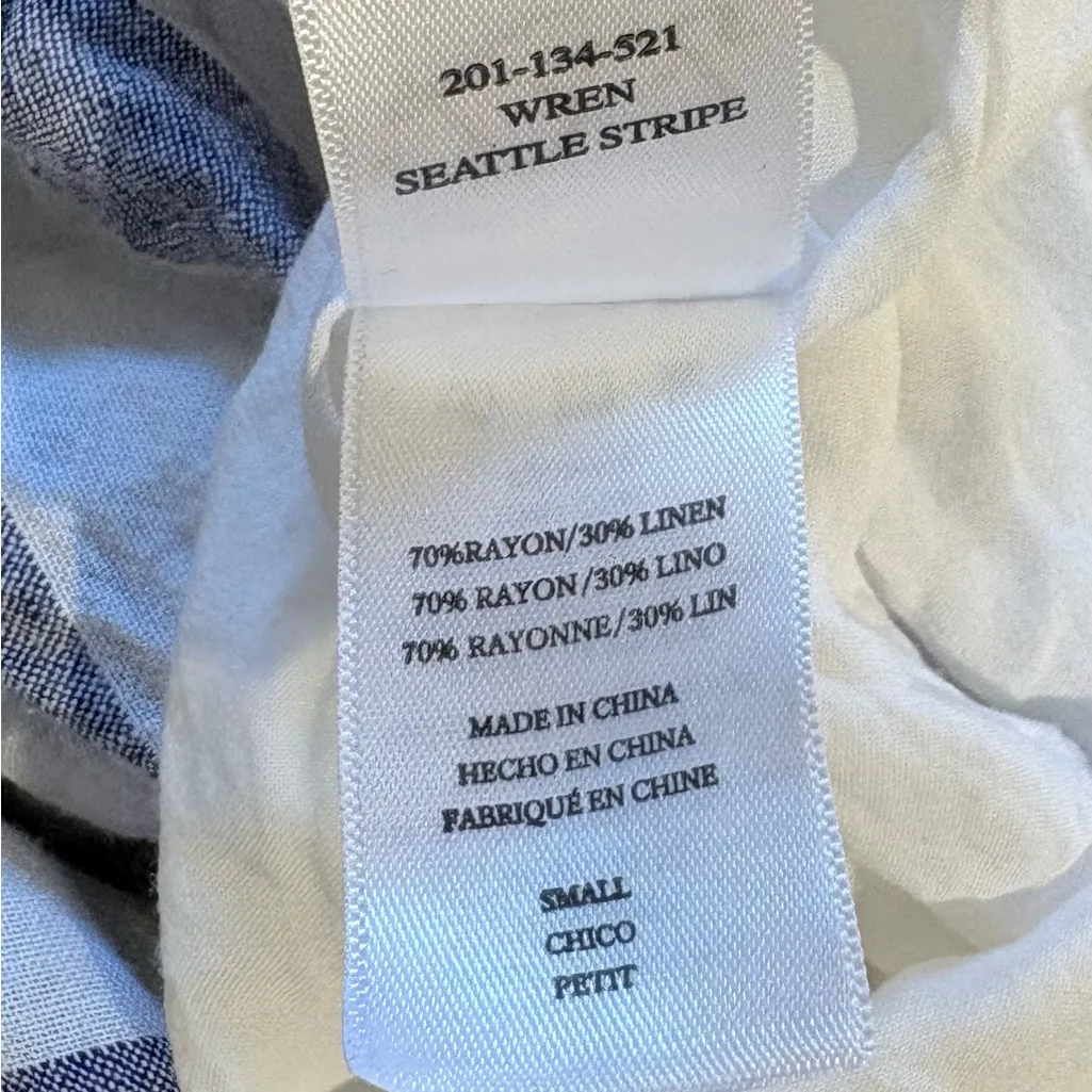 RAILS Wren Seattle Stripe Linen Blend Blue White V-Neck Cinch Waist Dress ~S💛 - Image 9