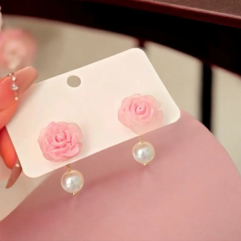 Cute Pink Rose Flower Stud Earrings with Pearlescent Bead Alloy‎ Crafted Floral - Image 7