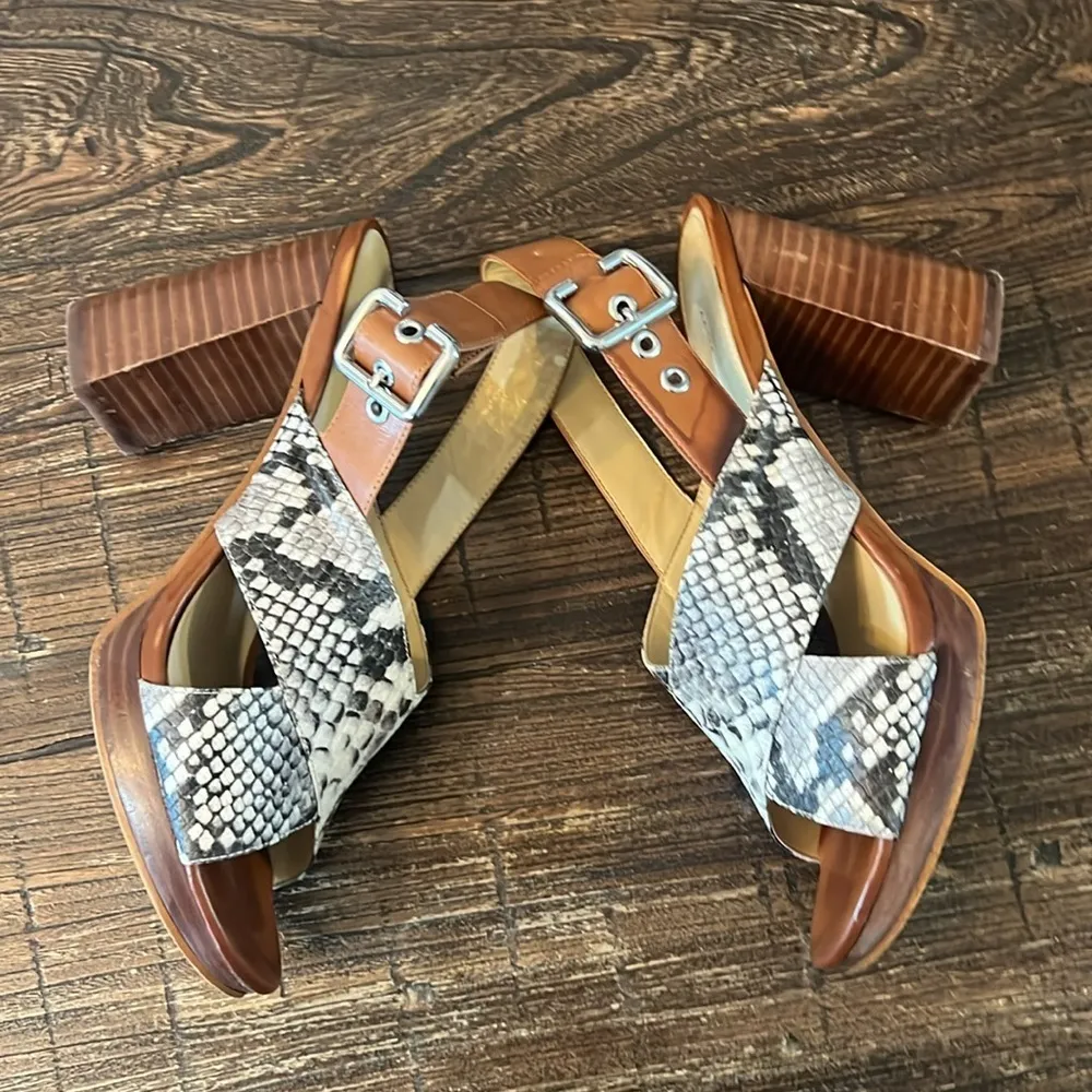 Marc Fisher Snake Print Leather Block Heel Sandals Size 8 Criss Cross Brown Boho - Image 4