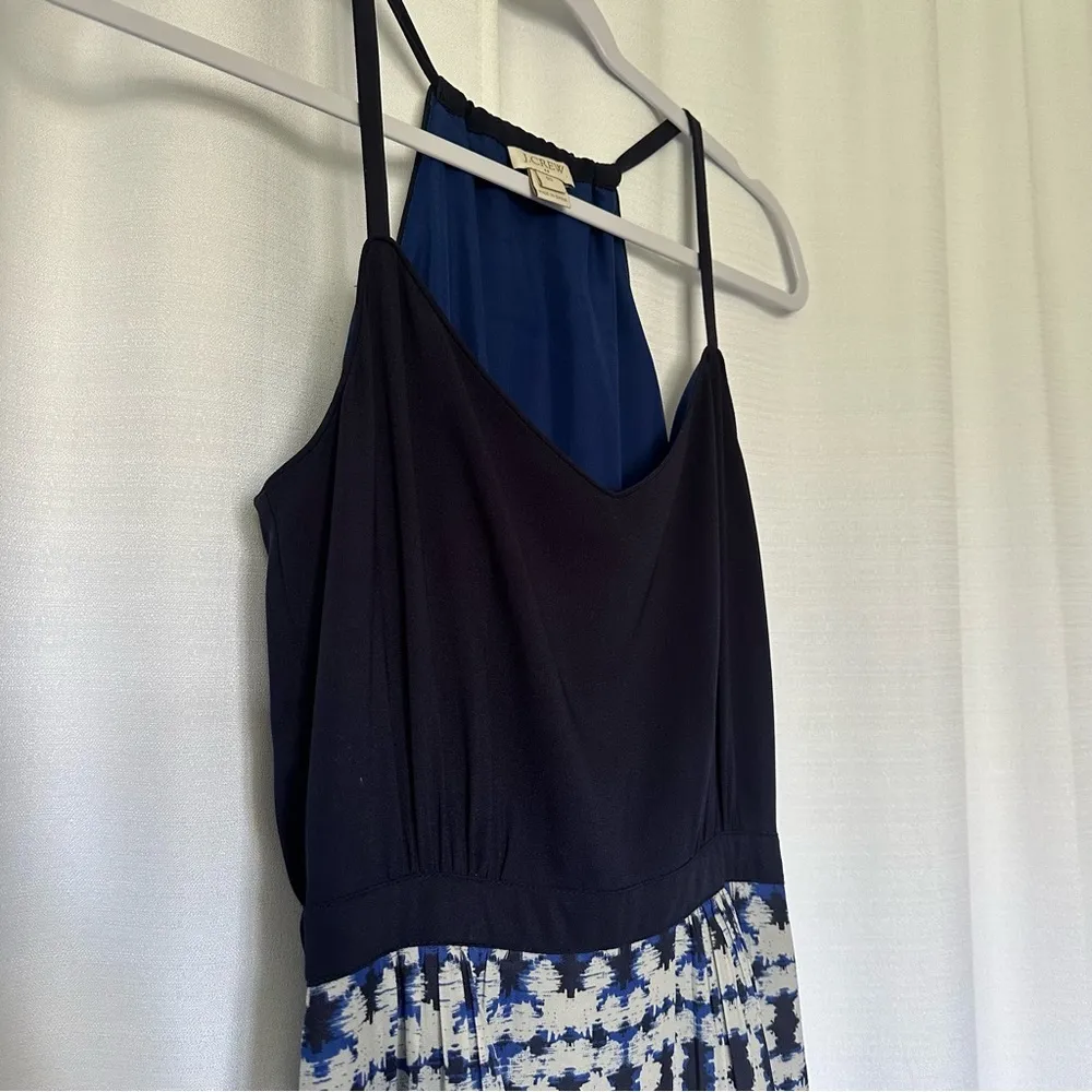 J CREW Navy Blue MAXI DRESS Boho Print Beach Flowy Side Slit Halter Style Sz 00 - Image 4