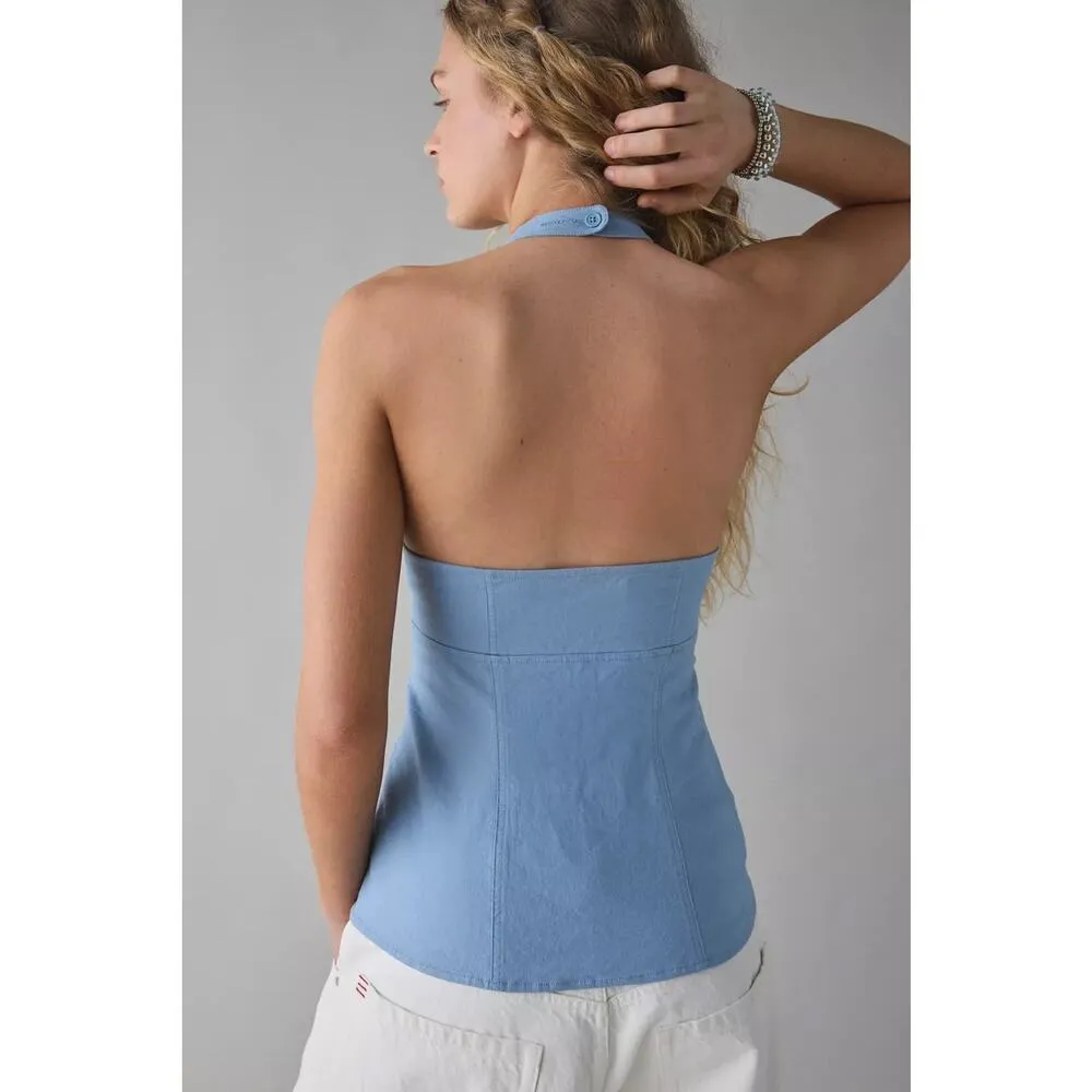 NWT Urban Outfitters Sari Seamed Linen-Blend Halter Vest Top In Blue Size XXS - Image 2