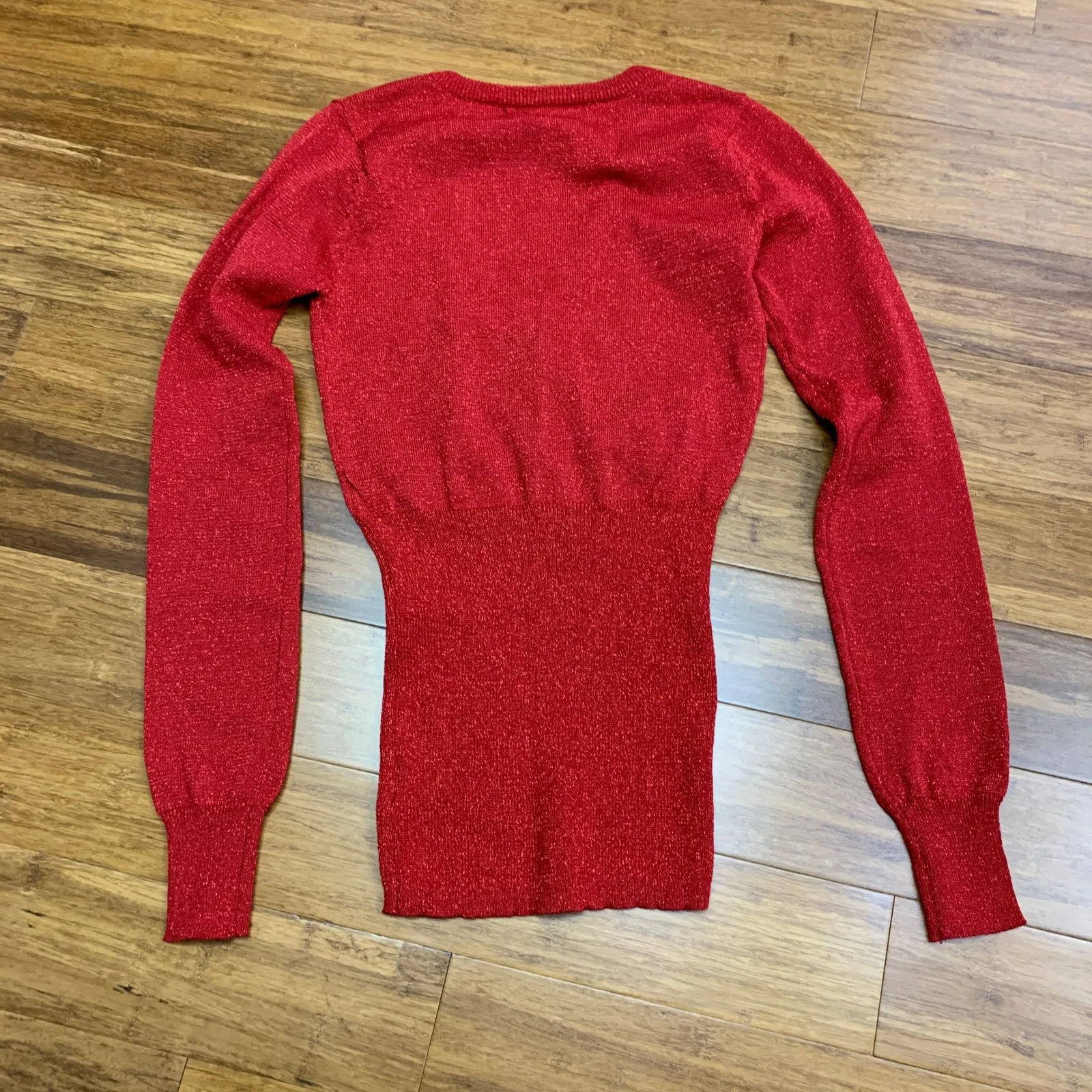Energie Red Metallic Knit Top Womens Small V-Neck Long Sleeve Pullover Sweater - Image 4