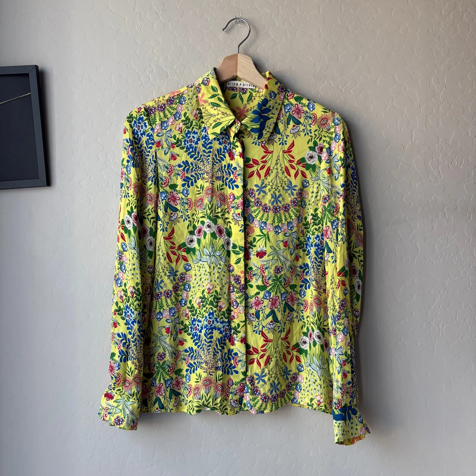 Alice and Olivia‎ Button Down Top Willa Yellow Floral Print Blouse Size Small - Image 3