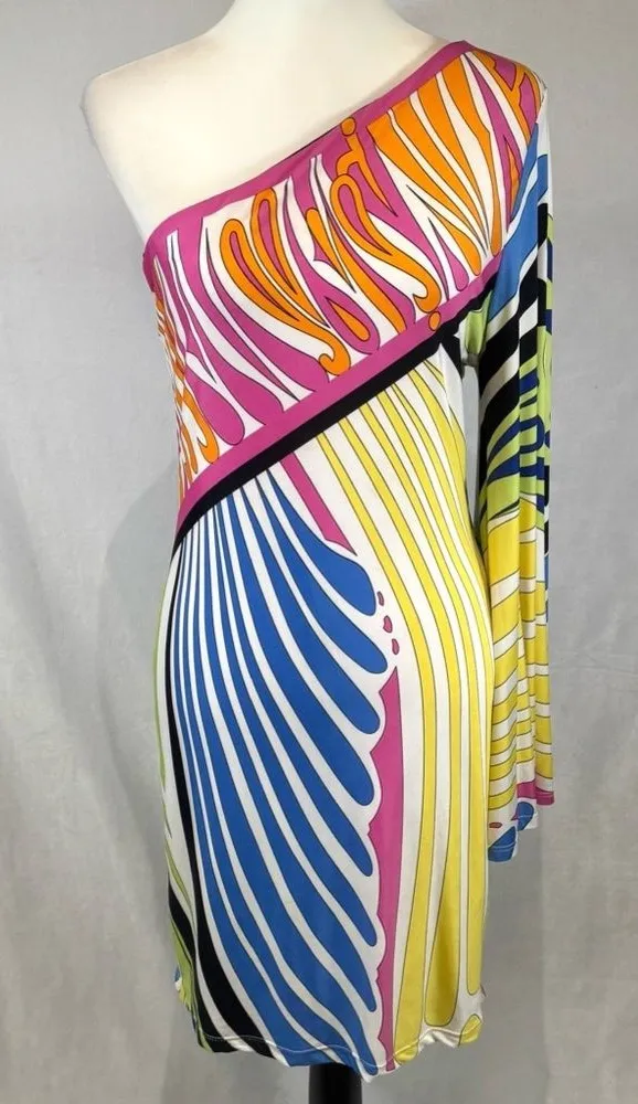 Analili stunning colorful one shoulder flare abstract retro bodycon dress medium - Image 3