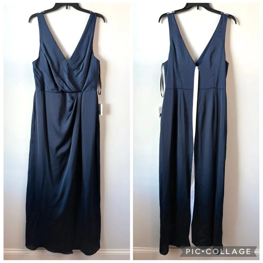 After Six 6864‎ Faux Wrap Whisper Satin Maxi Dress Gown Midnight Navy 14 - Image 3