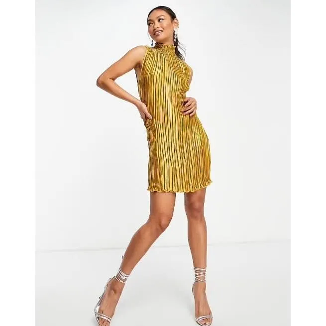 ASOS DESIGN high neck mini dress satin plisse Mustard - Image 3