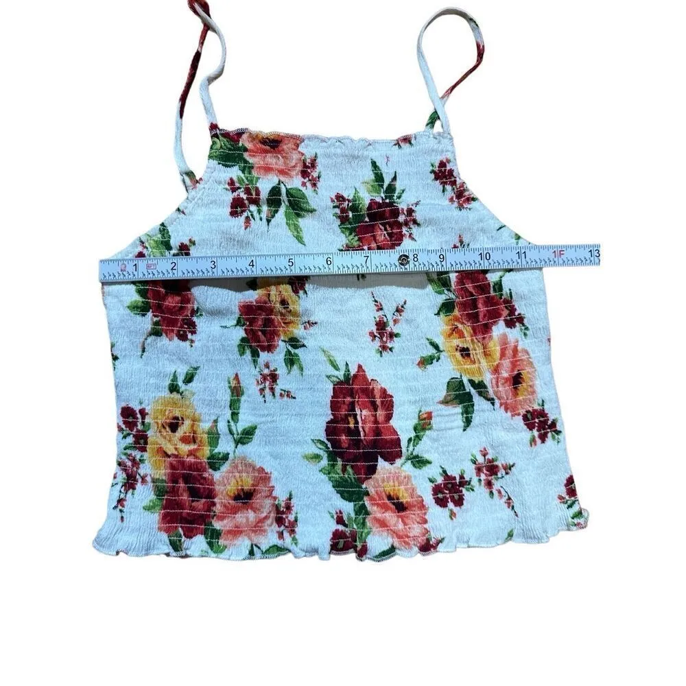 Ambiance Womens Tank Top Shirt Floral Cute Smock Ruffle Neck Small White - Image 5