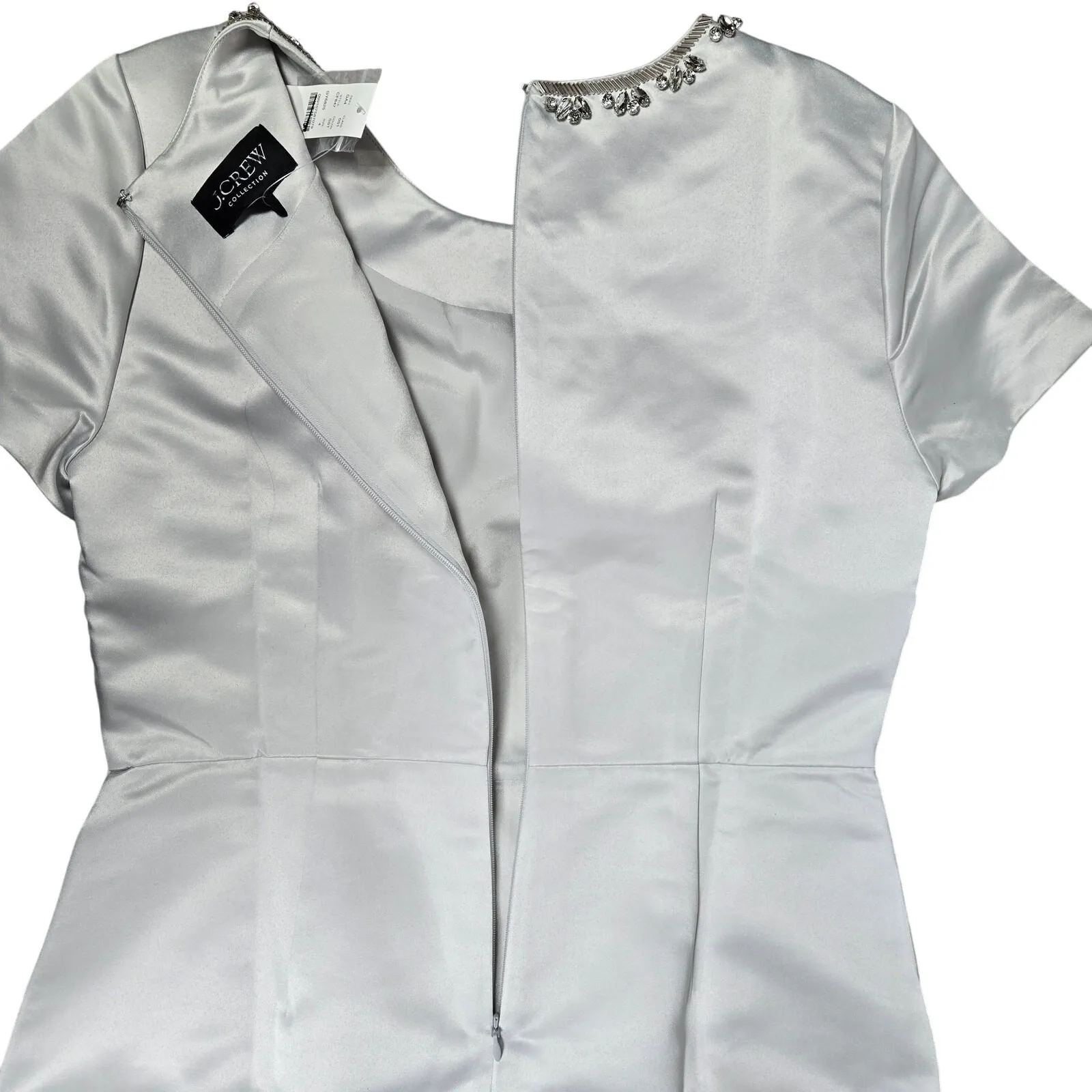 J. Crew Collection Embellished Neckline Short Sleeve A Line Satin Dress Silver 4 - Image 3