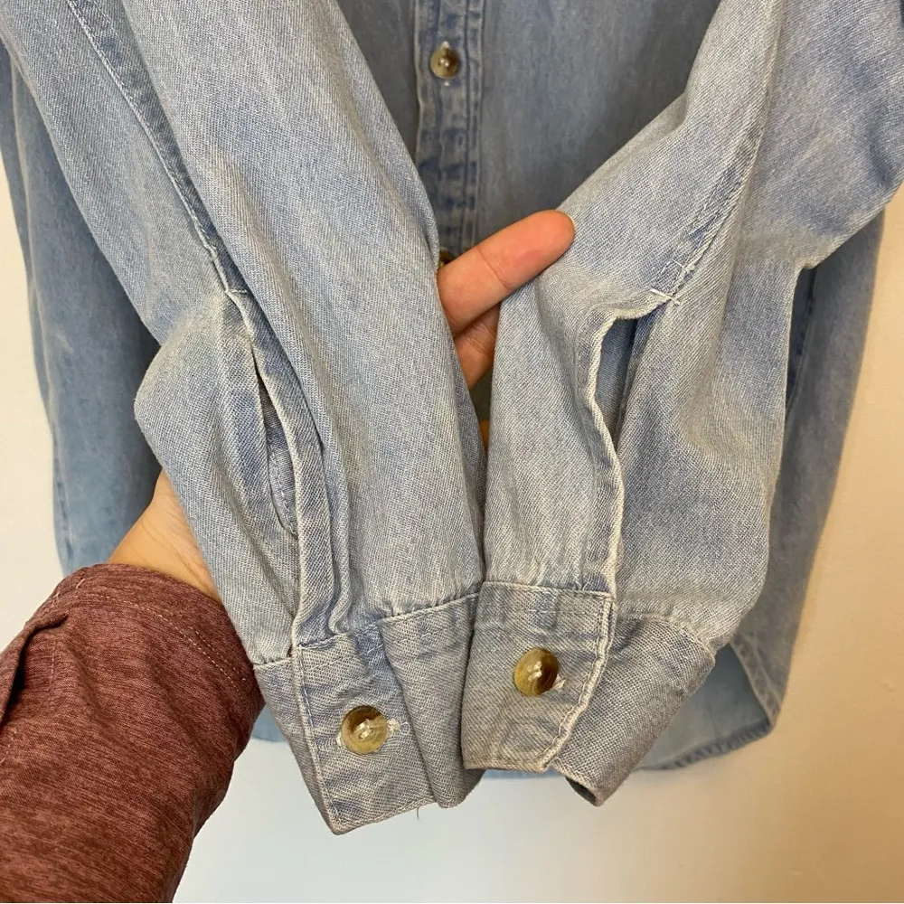 ROLLA’S Frayed Fringe Detail Denim Button Down Shirt Light Vintage Blue Medium - Image 7