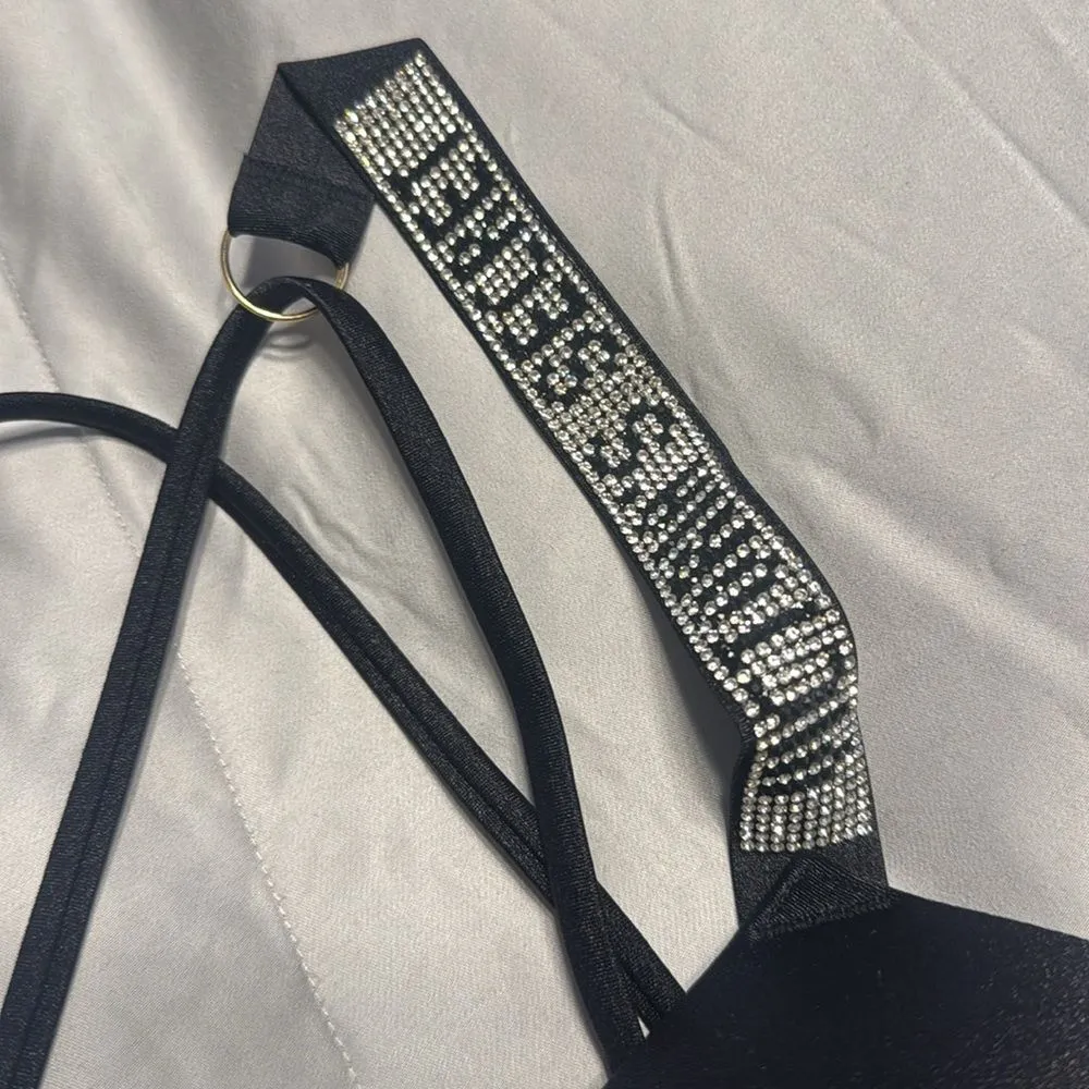 Victoria's Secret BOMBSHELL Push Up SWIM SET rhinestones shine black logo 34B M - Image 4