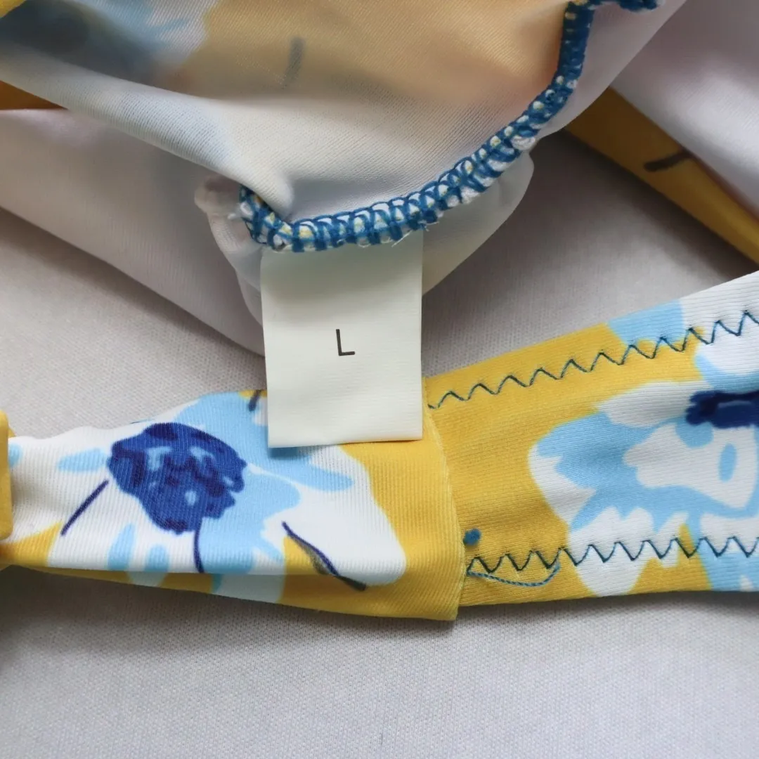 Yellow‎ Floral Padded Halter Tie Knot Boho Swim Sports Bra Bikini Top L Large Yellow - Image 6