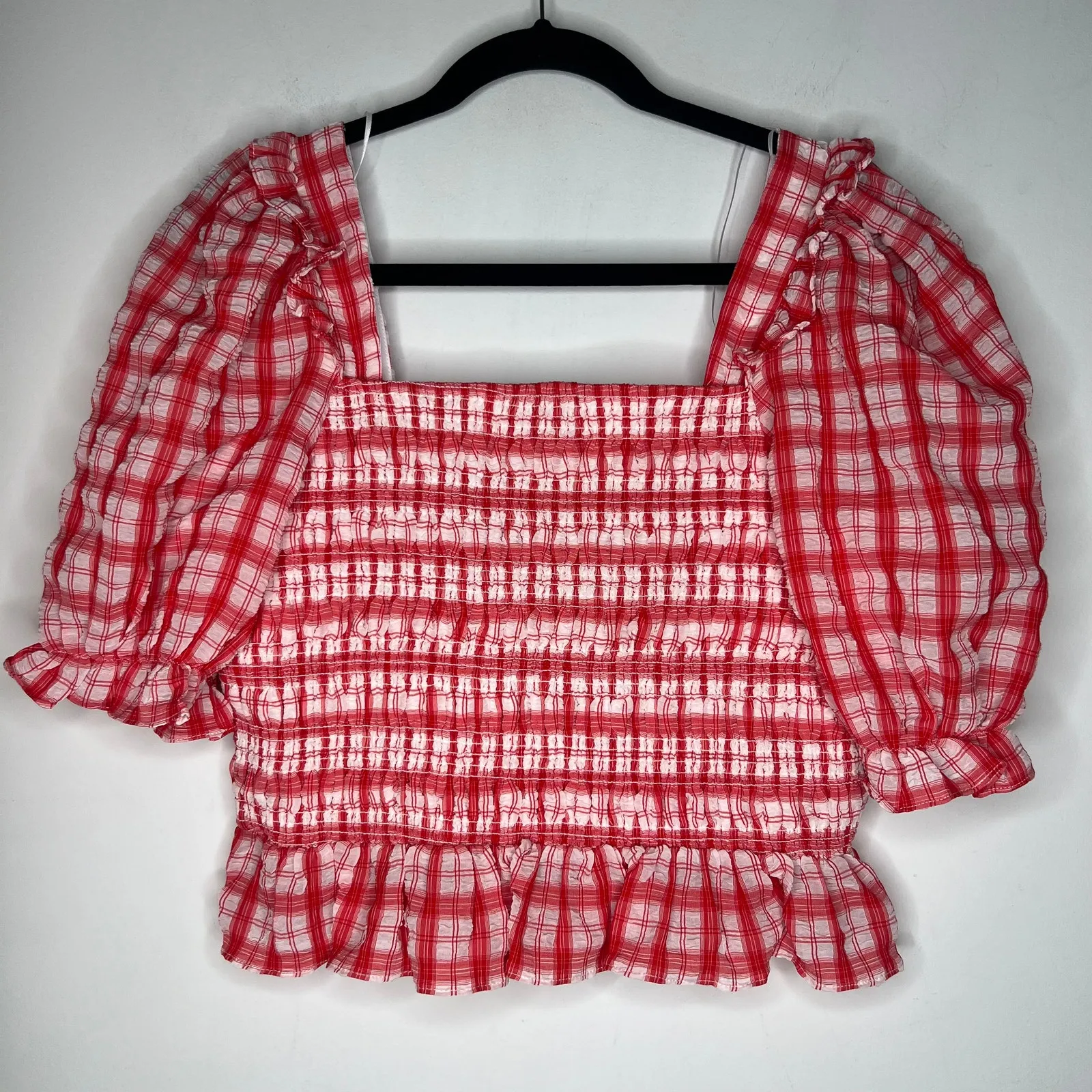 English Factory Red Plaid Check Puff Sleeve Smock Top Size M - Image 3