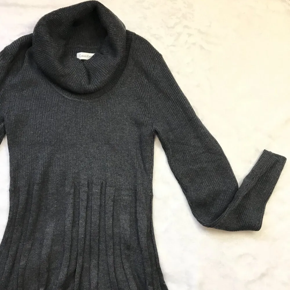Calvin Klein Knit Sweater Dress Womens Medium Gray Cowl Neck Pleated Long Sleeve - Image 8