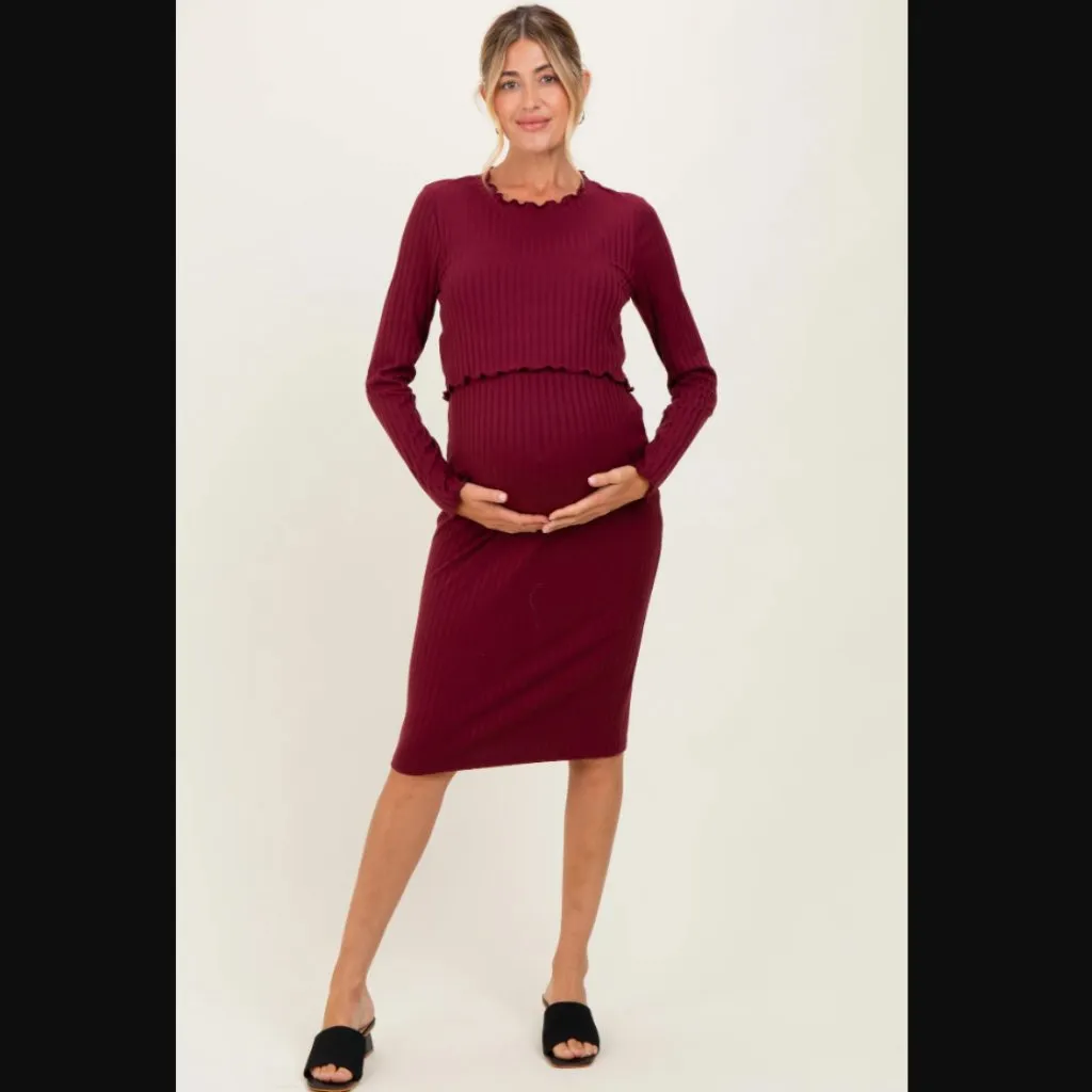 Pinkblush Hello Mia Burgundy Ribbed Knit Long Sleeve Nursing Maternity Dress S - Image 2