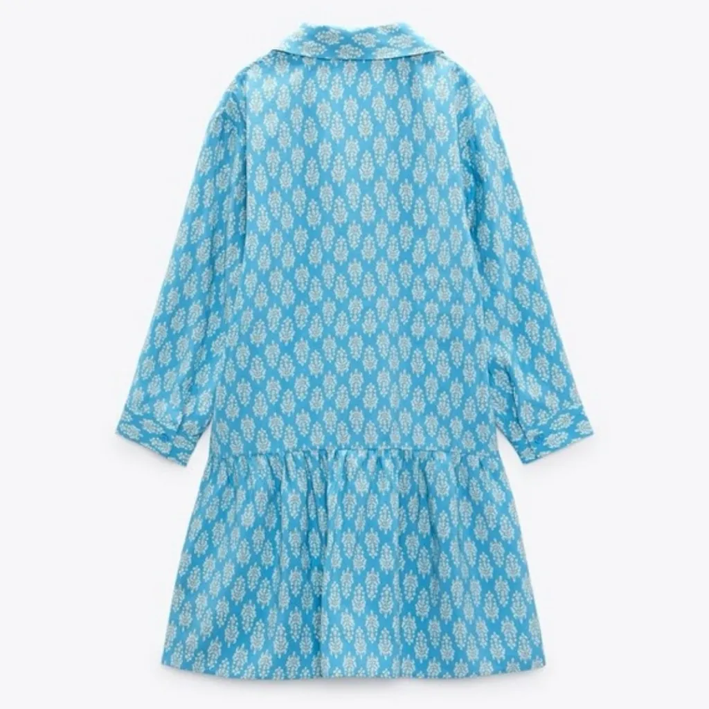 ZARA The Carly Blue & White Floral Printed Button-Up Flounce Mini Dress Medium‎ - Image 5