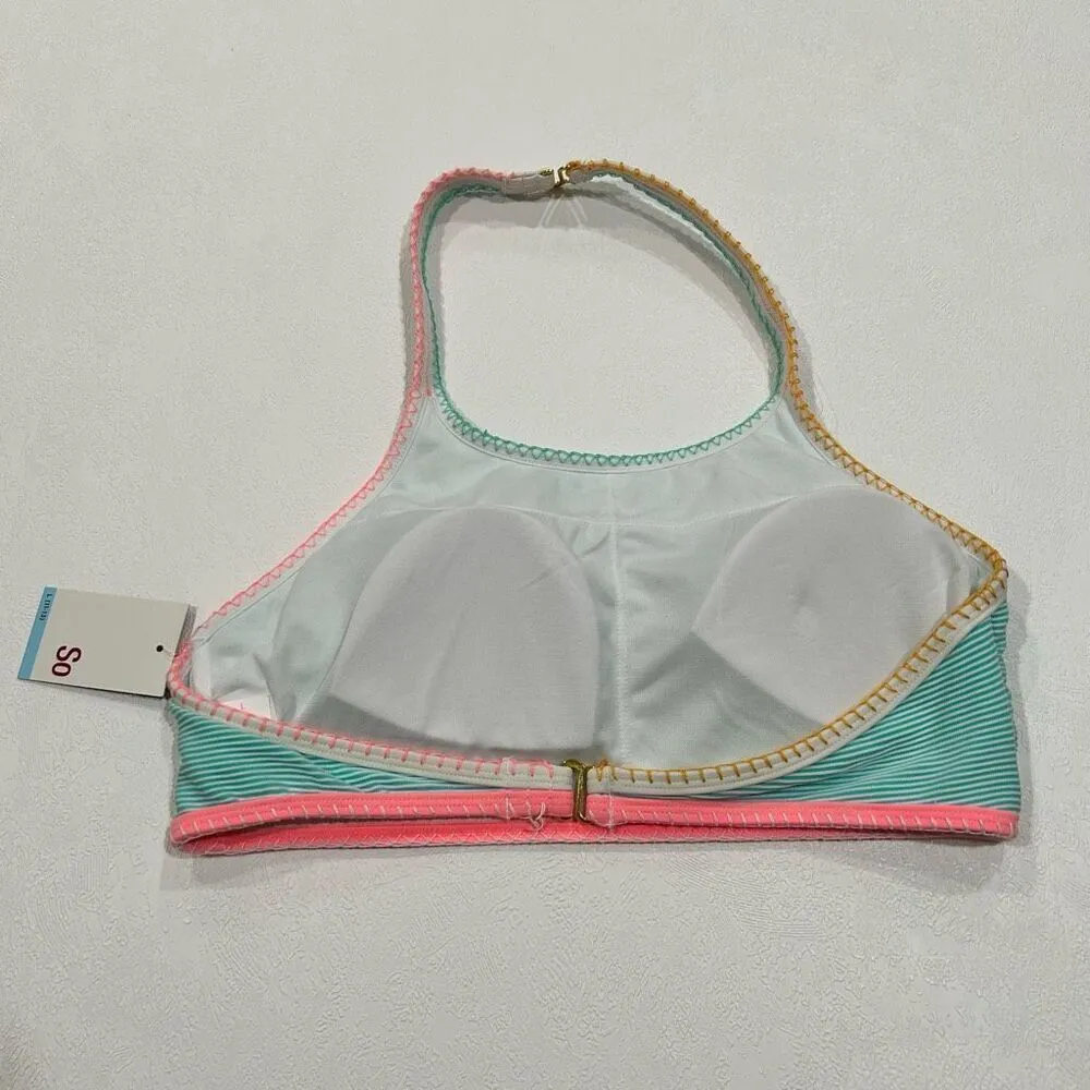 NWT SO by Kohl’s Teal Striped High Neck Bikini Top - Image 2