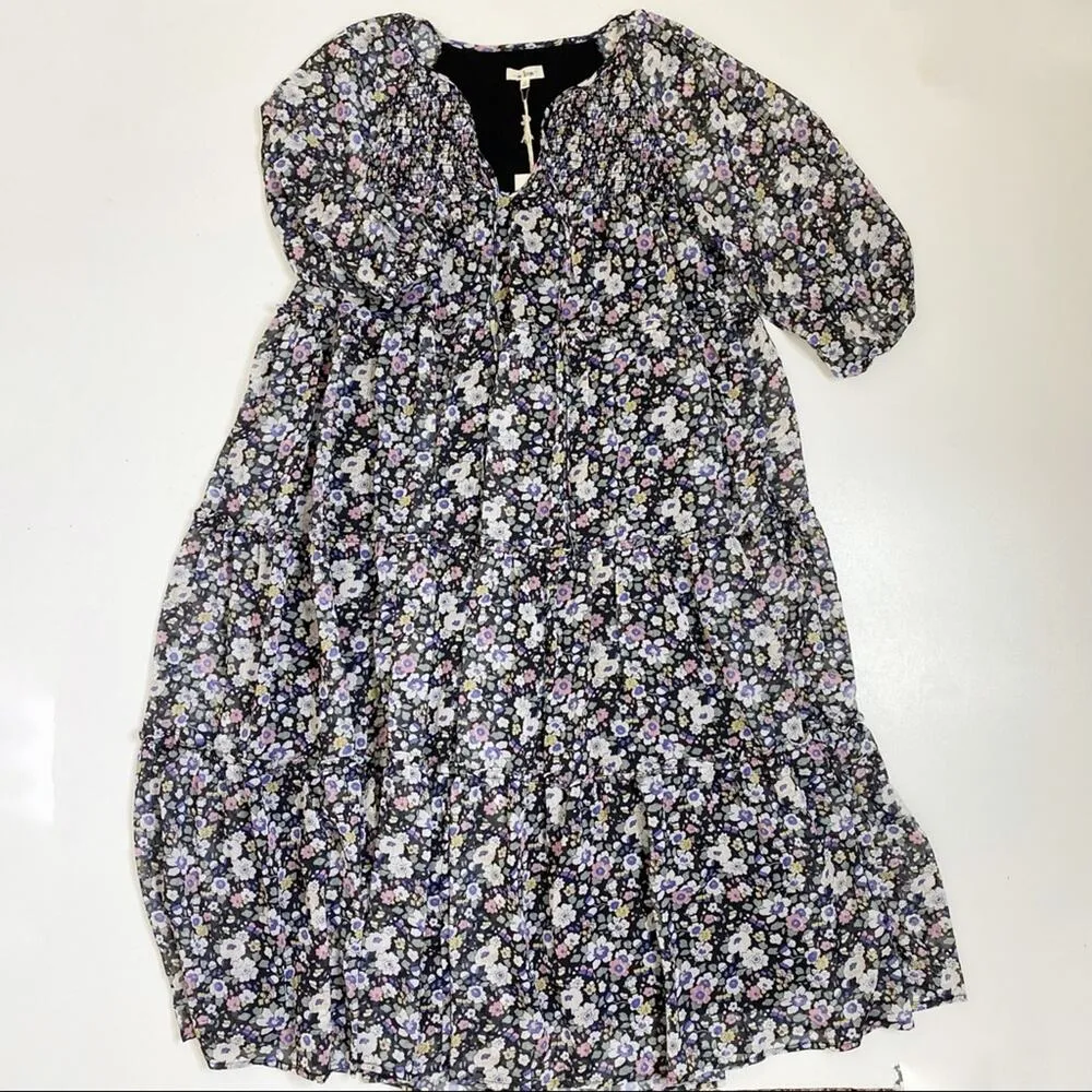 In Loom Floral Tiered Long Sleeve Midi Dress Black S - Image 3