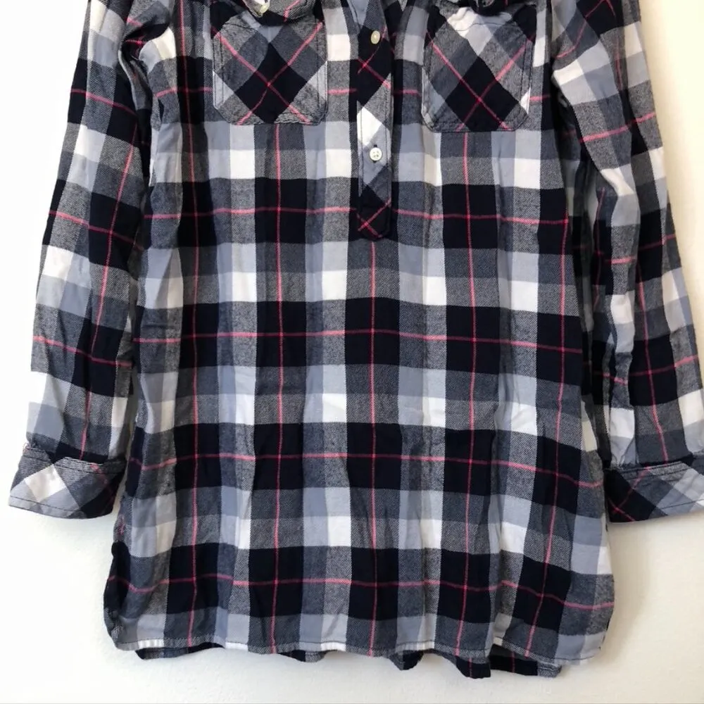 GAP Plaid Henley Tunic Top Navy Blue White Pink Flannel Button Down Shirt Medium - Image 5
