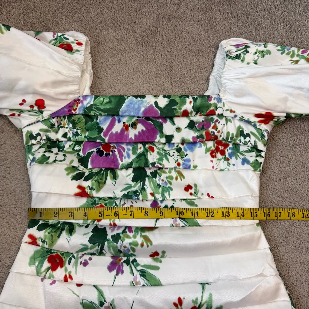 Badgley Mischka Pleated Bodice Puff Sleeve Mini Dress Floral 12 - Image 7