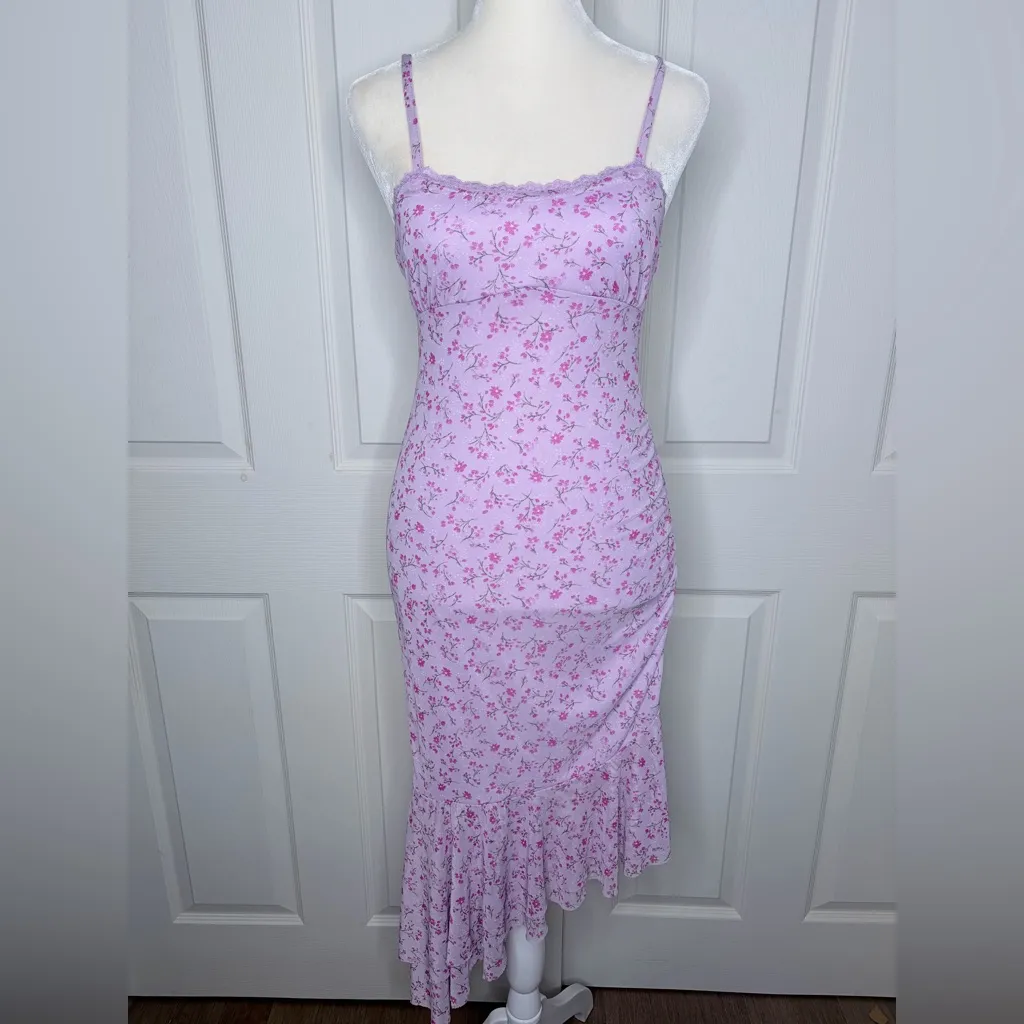 Lilac floral mini dress with asymmetrical ruffle trim adjustable straps sz xxs - Image 3