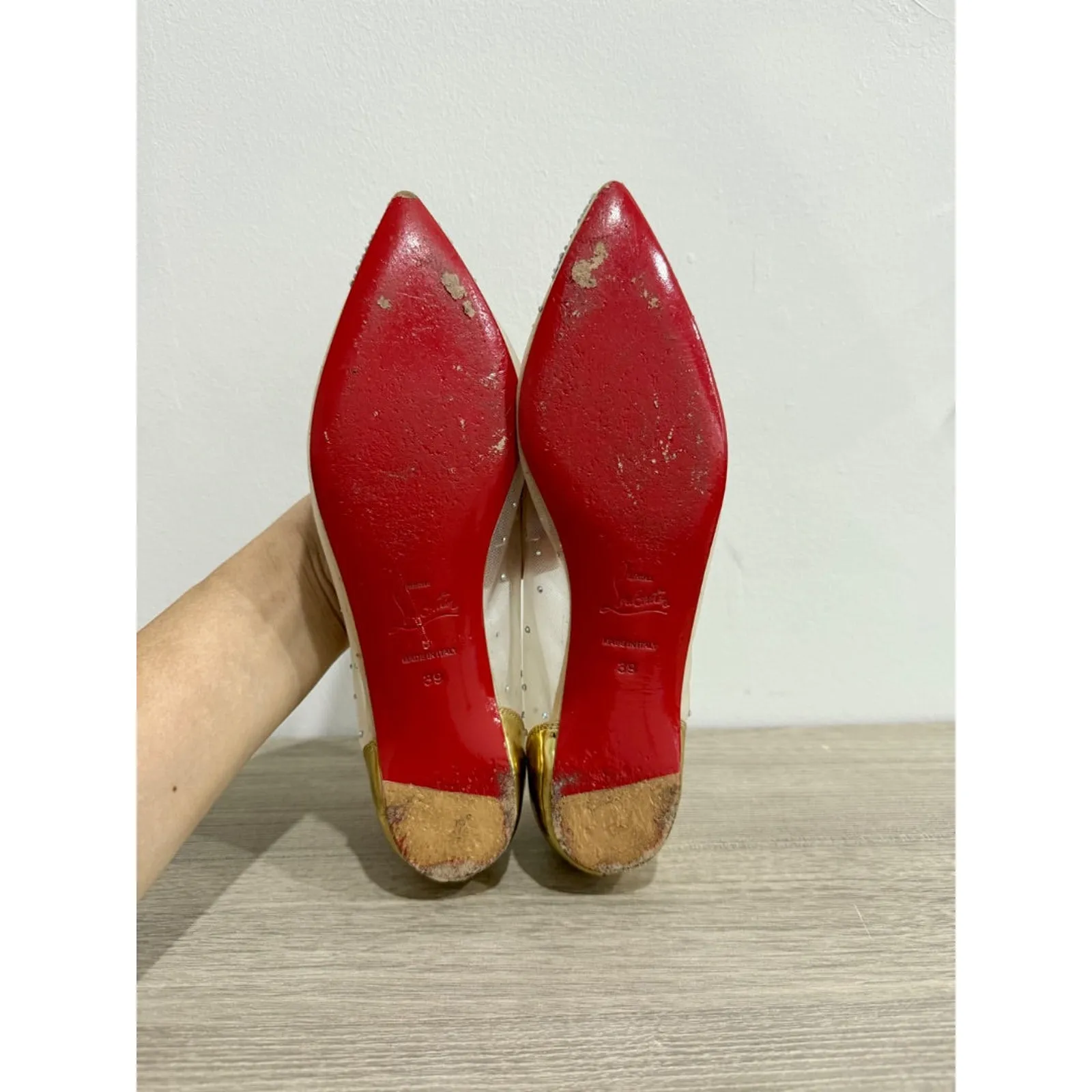 Christian Louboutin Follies Strass Pointy Toe Mesh Ballerina Flat Gold 39 / US 9 - Image 8