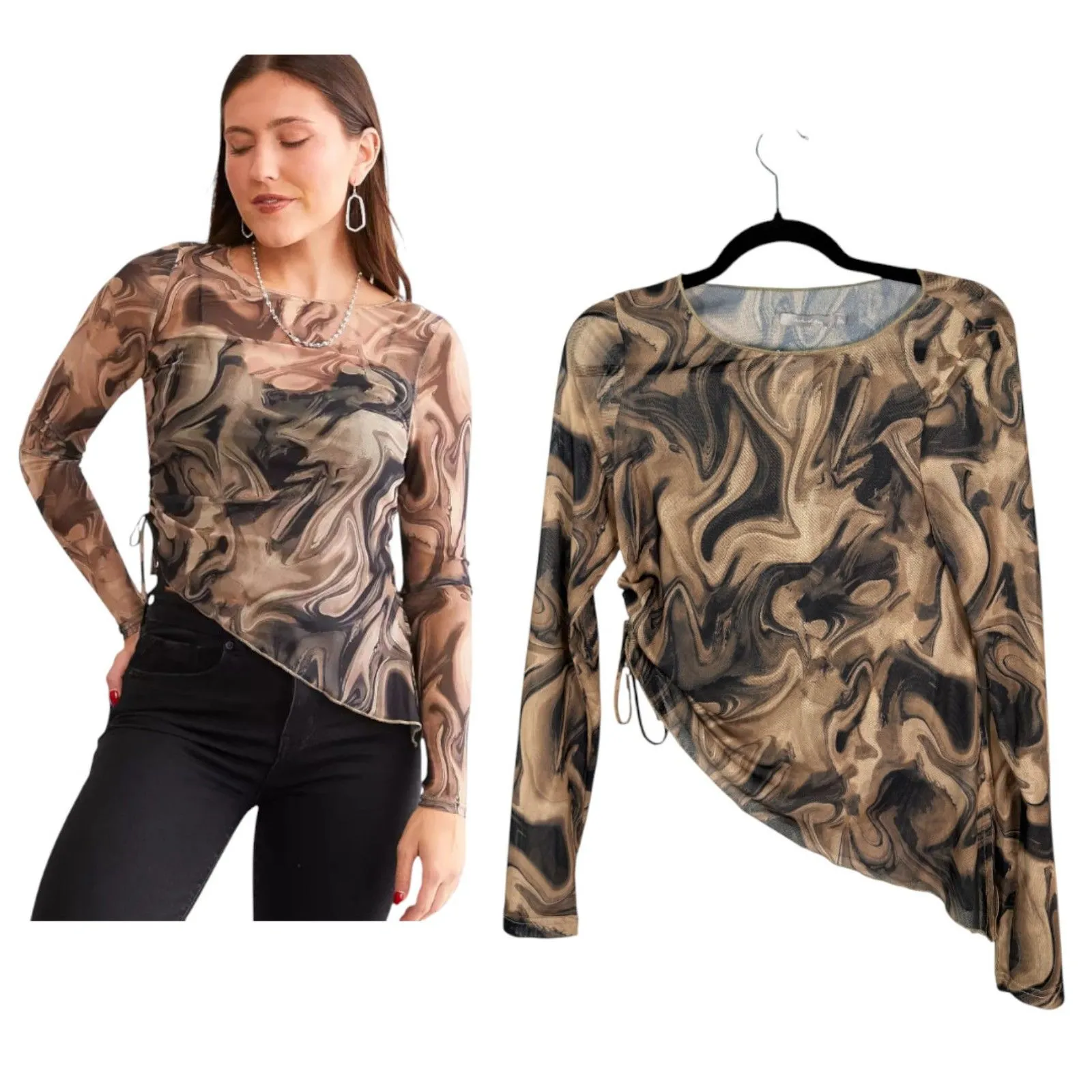 Red by BKE Marble Print Mesh Top Black Taupe Sheer Size Large NEW with Tags Brown - Image 2