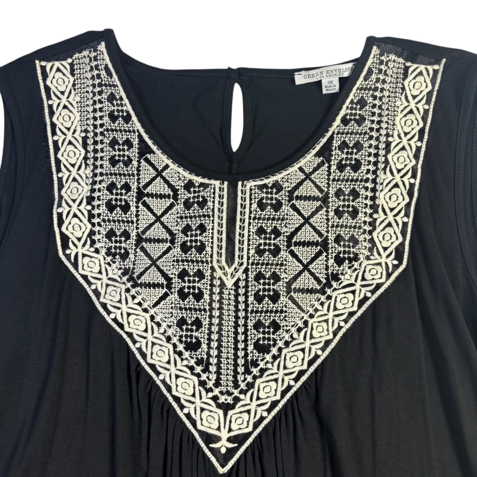 Green Envelope Los Angeles Black Embroidered V Neck Sleeveless Tunic Top 3X - Image 3
