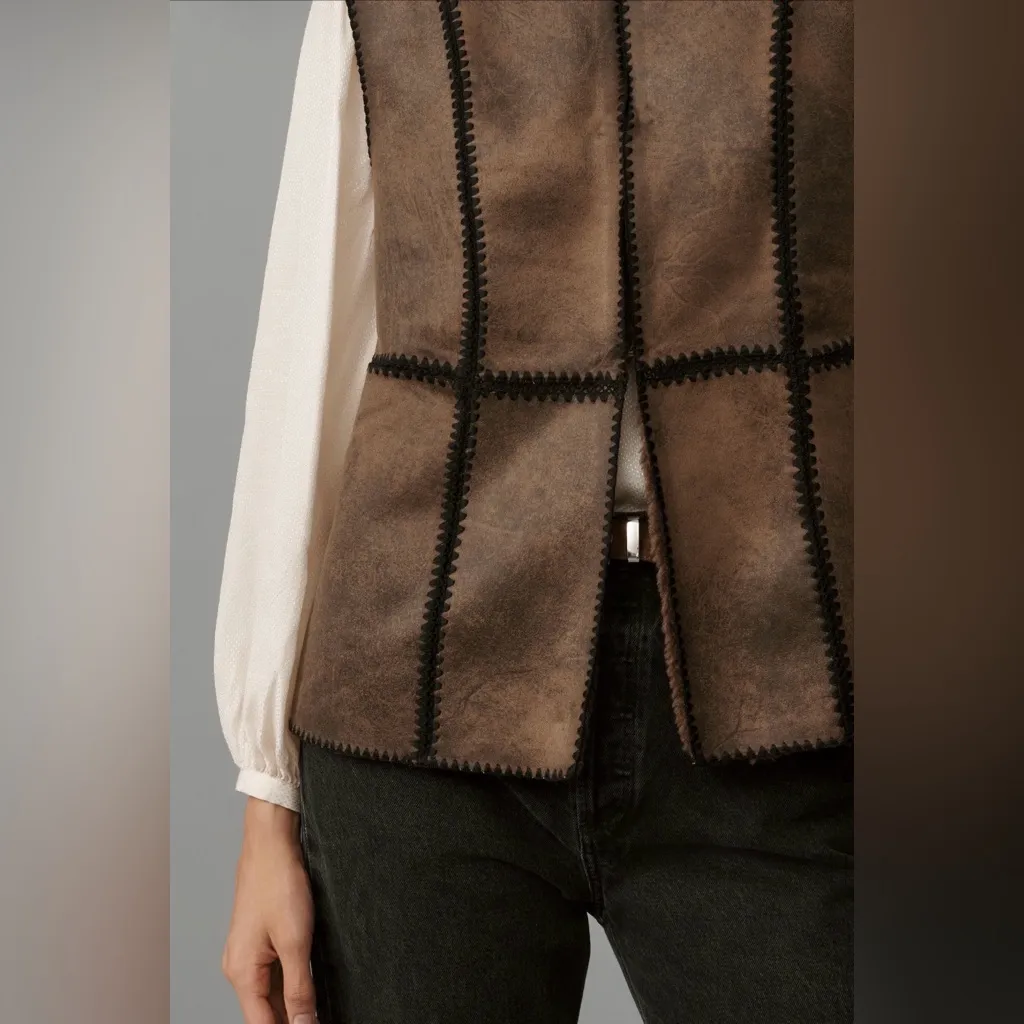 By Anthropologie Stitched Sherpa Fleece Vest Brown XS - Image 5