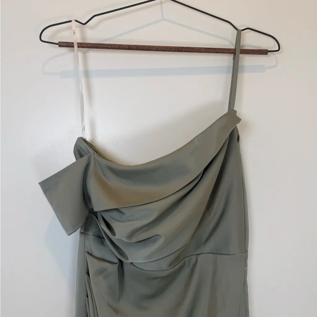 Elegant Off-Shoulder Sage Green Asymmetrical Tulip Midi Dress - Image 6