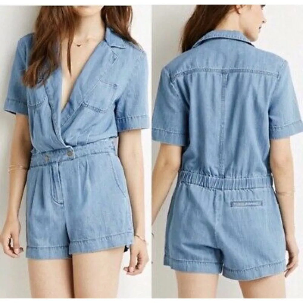 Life in Progress  Denim Open Front Short Sleeve Romper - Image 2