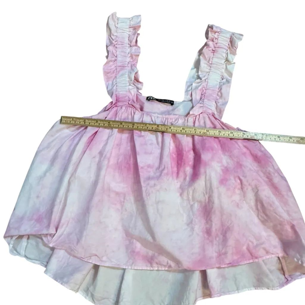 Zara Pink & White Cotton Candy Tie-Dye Ruffle Sleeves Poplin Crop Tank Top Sz L - Image 11