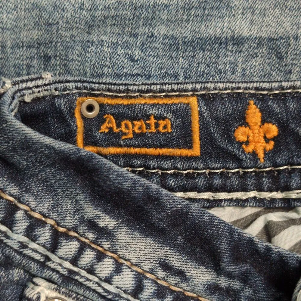 Rock Revival Blue Distressed Embroidered Rhinestone Agata Skinny Jeans Size 25 - Image 11