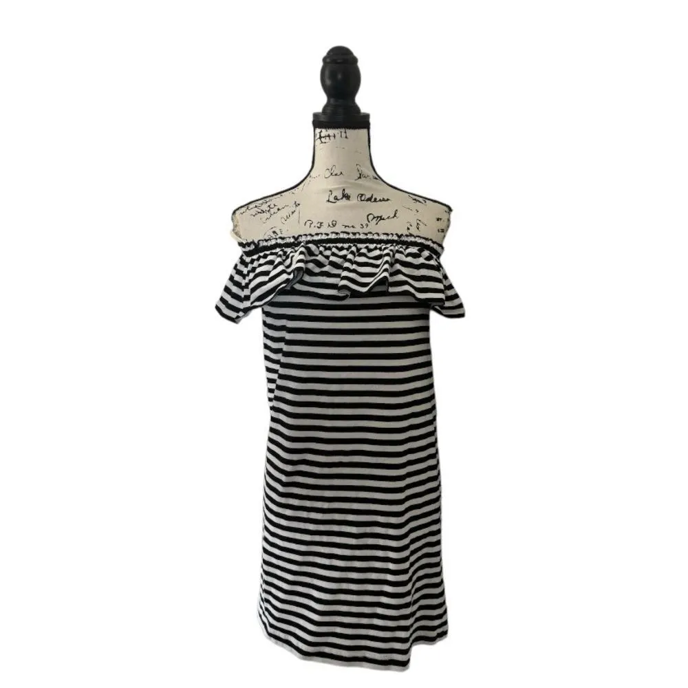 Kate Spade SZ S Off the Shoulder Ruffle Dress Black and White Striped - Image 4