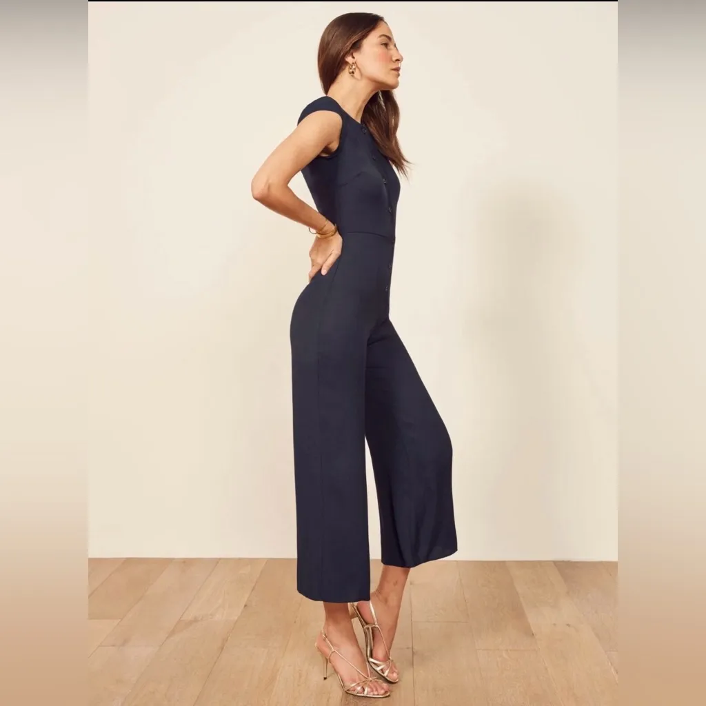 REFORMATION Navy Blue Marina Button Down Crepe Crop Pants Jumpsuit - Image 4