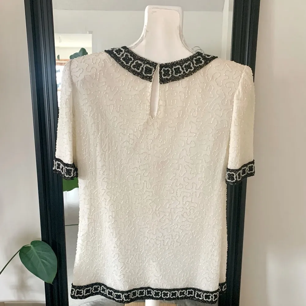 Laurence Kazar Vintage Silk Beaded Black & White Top - Image 2