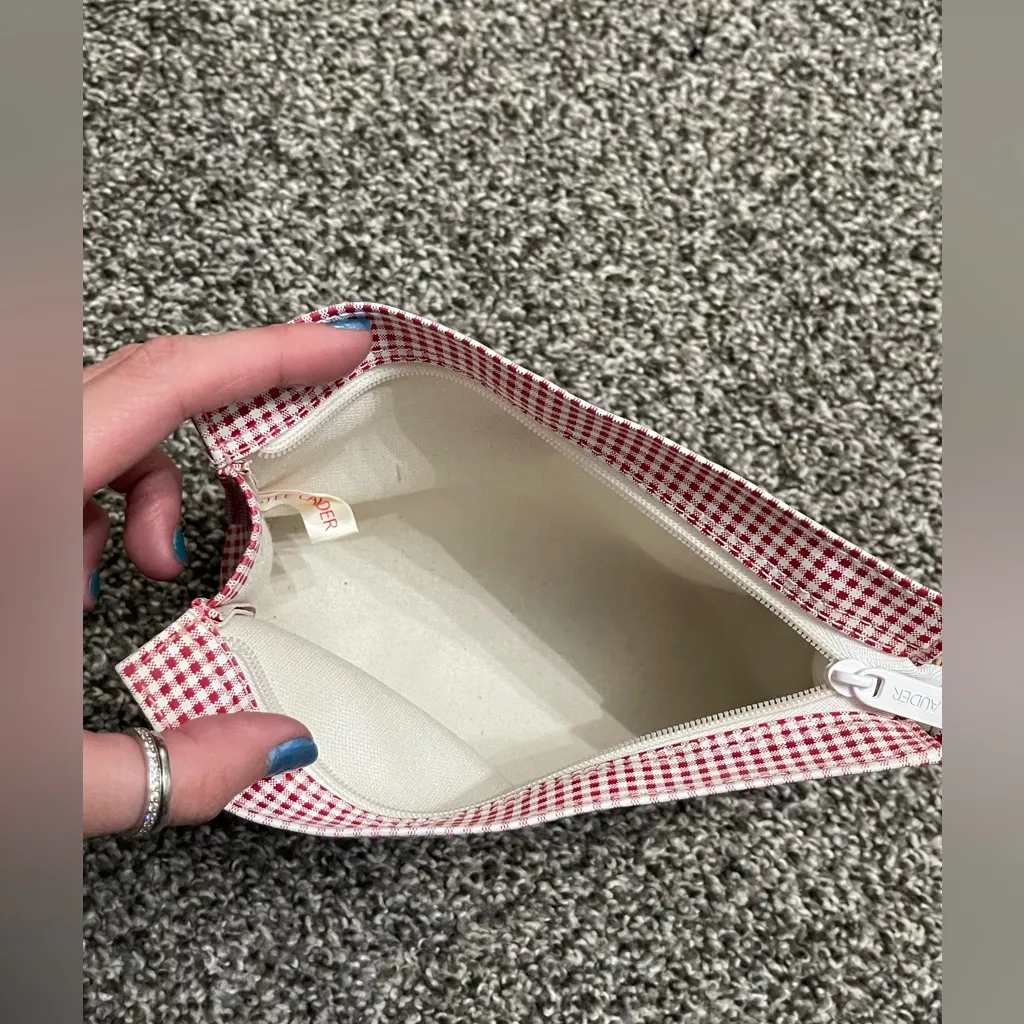 Estée Lauder Red and White Checkered Cosmetic Bag Zip Up Make Up Purse - Image 4