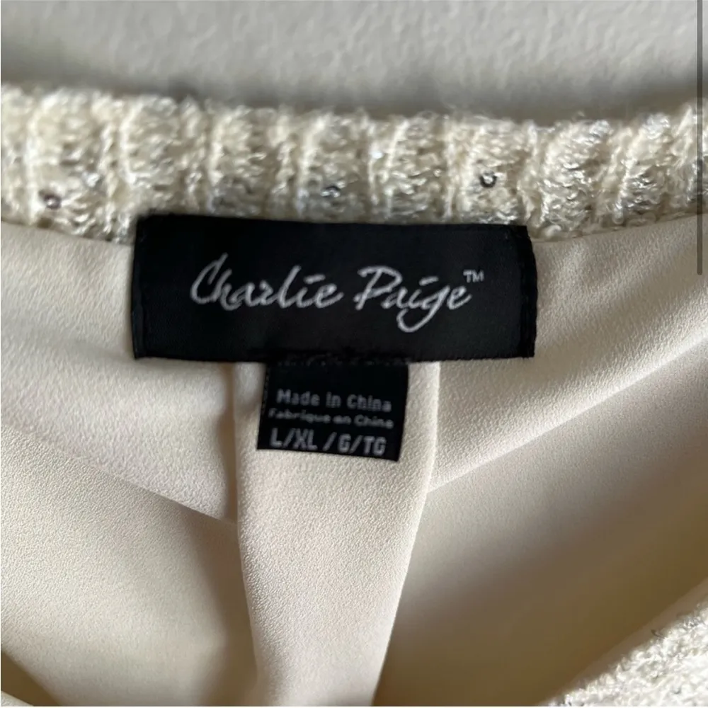 Charlie Paige Cream Sparkle Sequin Sweater with Split Back L/XL - Image 3