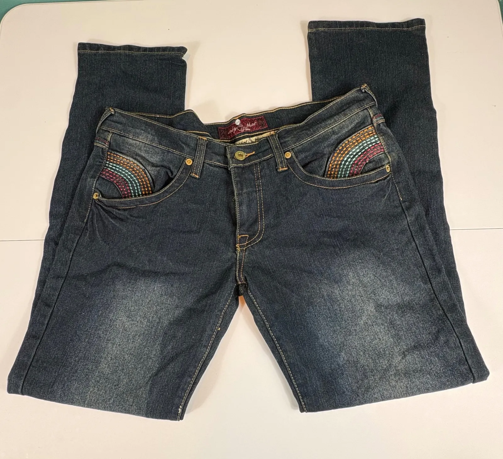 Y2K Baby Phat Jeans Size 15 Rainbow Pocket Flap Embroidered Bootcut Denim - Image 1