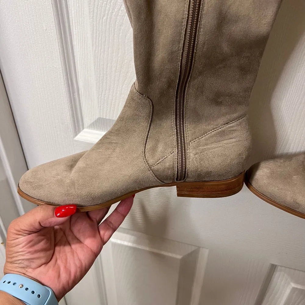 Calvin Klein Taupe Microfiber Over-the-Knee Boots Side Zip Flat‎ Heel-8.5 - Image 4