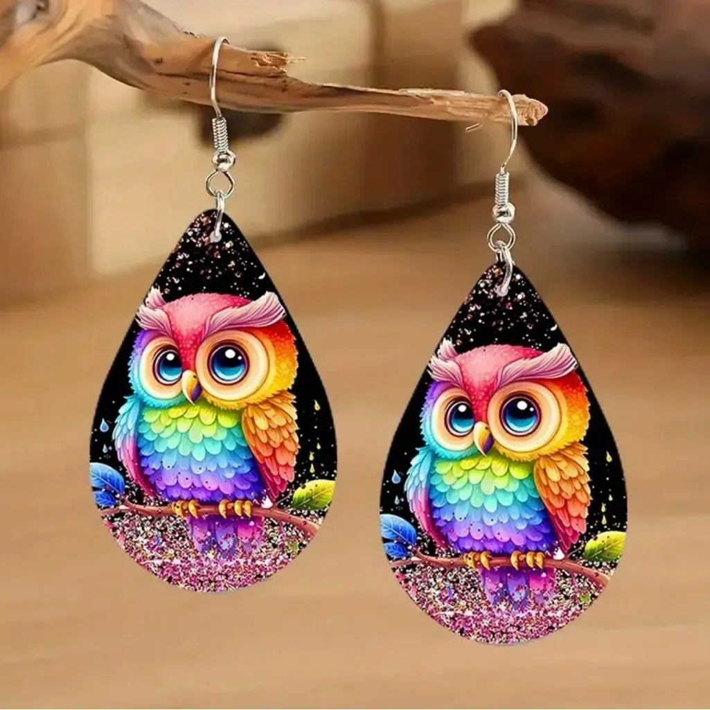 Lovely Owl Design Waterdrop Colorful Wooden Drop Ear Dangle‎ Jewelry - Image 9