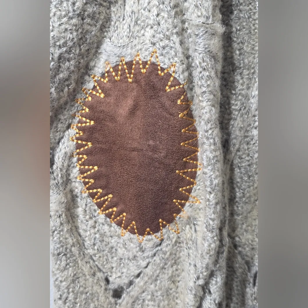 POL Women’s Diamond Eyelet Tan Sweater Cardigan Duster Elbow Patches Boho Size S - Image 4