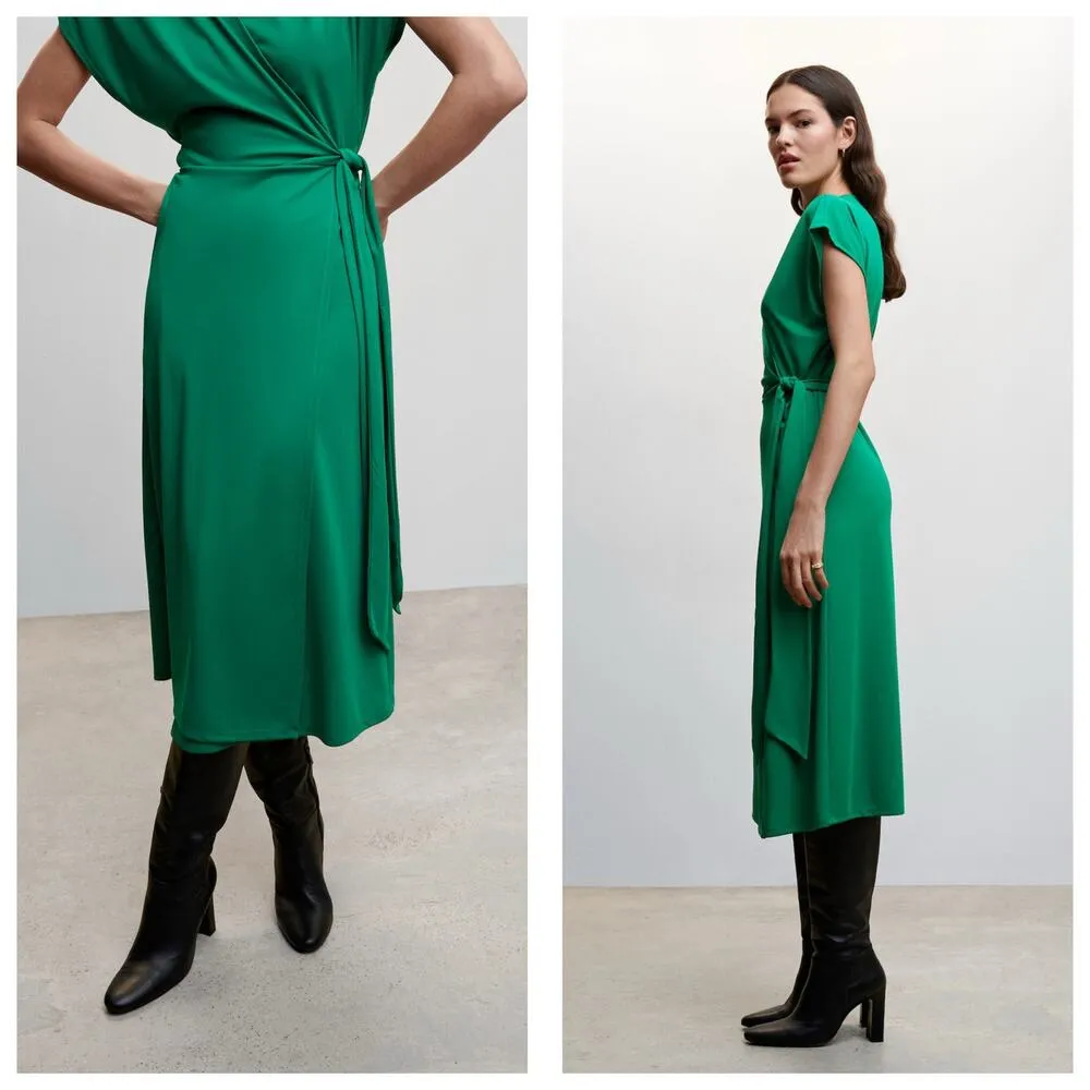 Mango Bow Wrap Midi Dress Size 2 Green Short Sleeve Jersey - Image 9