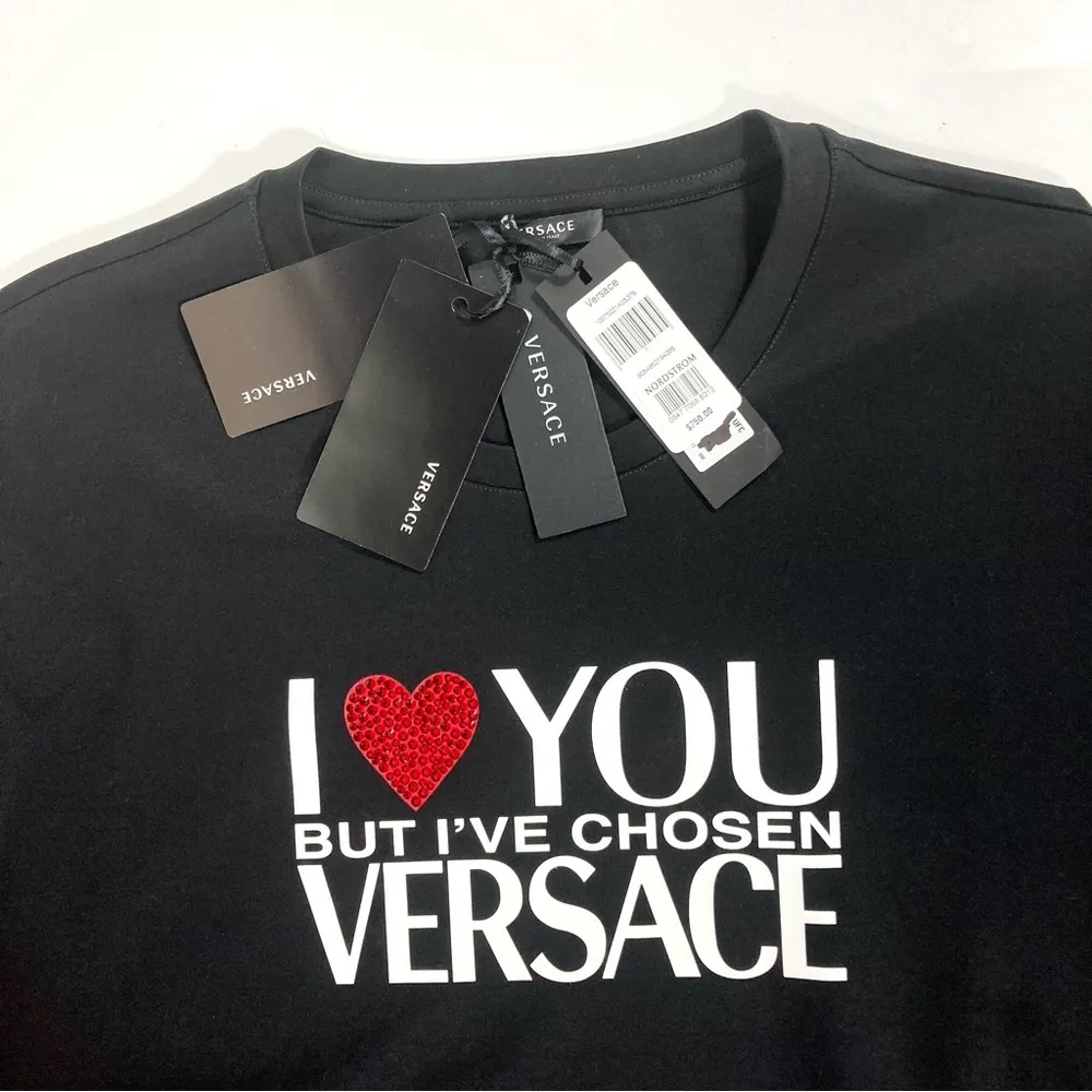 Women's I Love Versace Hotfix Heart Cotton Graphic Tee Size 46 Black NEW - Image 10
