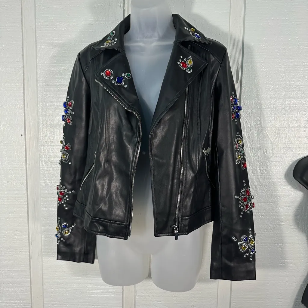 Bagatelle Women’s Gold Digger Jewel Embellished Faux Leather Jacket Size XS Bla… - Image 5