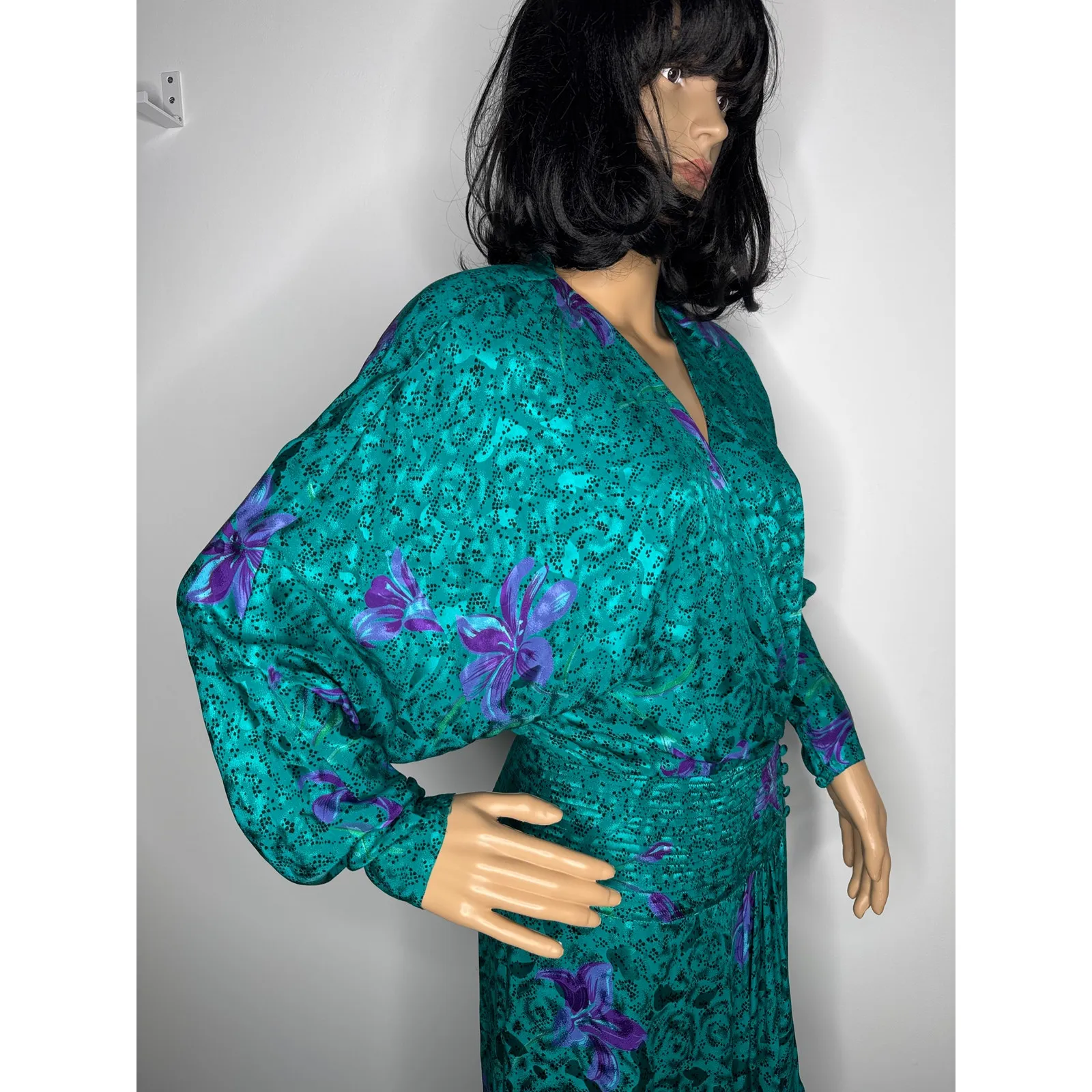 Vintage Maggy London by Jeannene Booher 80s Teal Silk Floral Midi Dress medium - Image 8