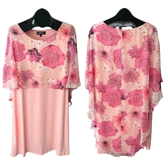 Glamour Nights Scoop Neck Floral Print Cape Short Sleeve in Coral Pink Size 16 - Image 2
