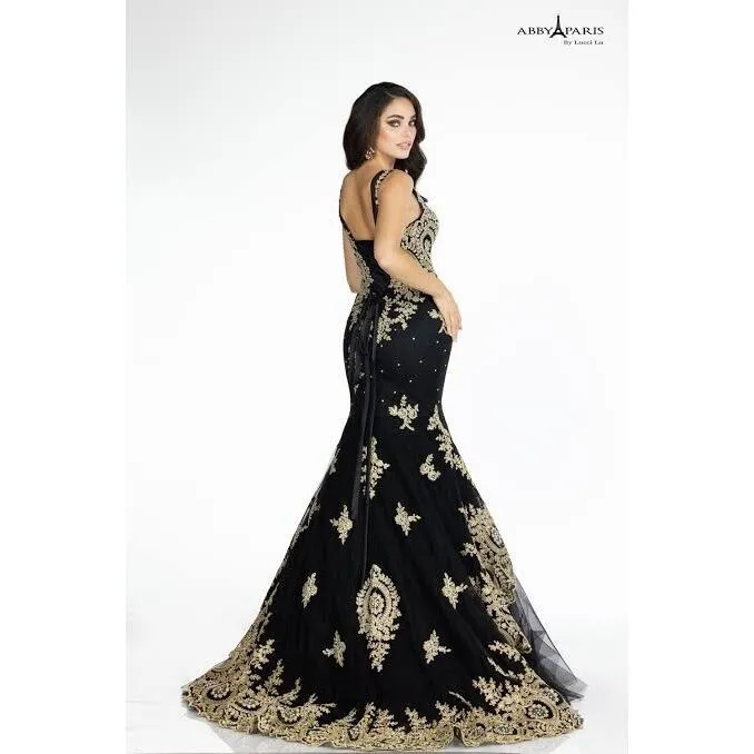 Abby Paris Tulle w/Embroidery Formal Gown Dress Black & Gold Size 4 - Image 3