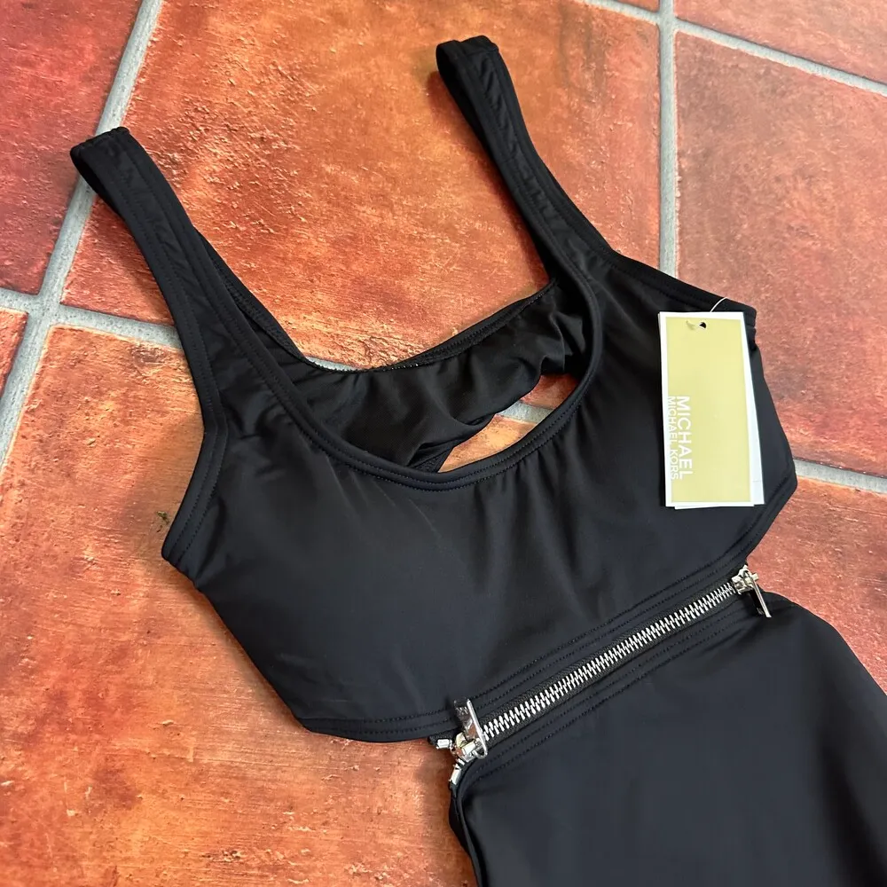 NWT Michael Kors Black Cut Out Zipper Accent Stretchy One Piece Swimsuit Size 6 - Image 5