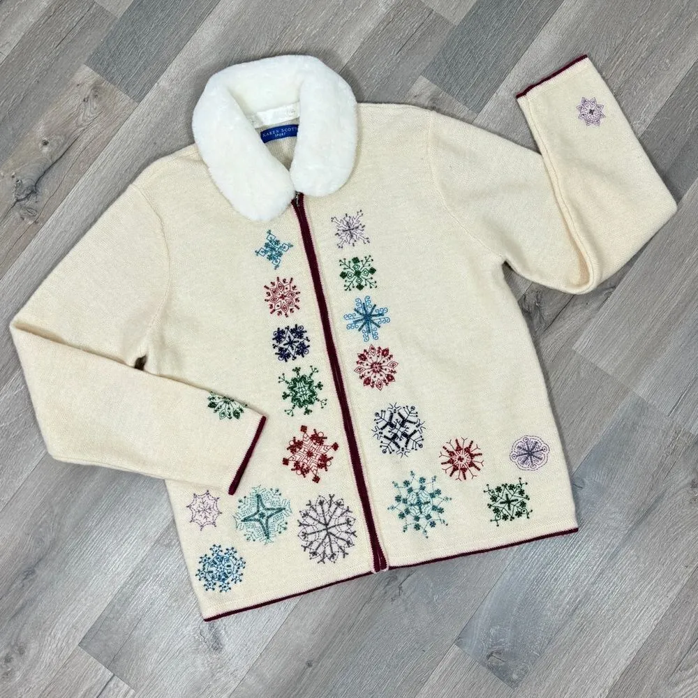 Karen Scott Vintage Snowflake Faux Fur Collar Wool Cardigan Sweater Cream Medium - Image 13