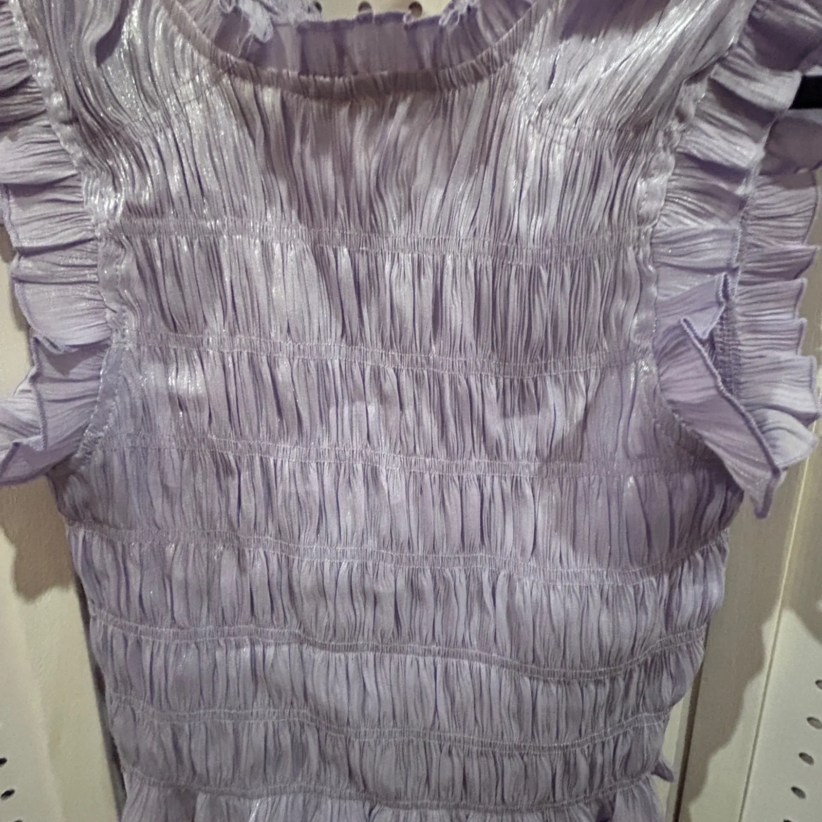 Glam Ruched Ruffle Neck Sleeveless Top Lilac Purple Shimmer Size M - Image 5